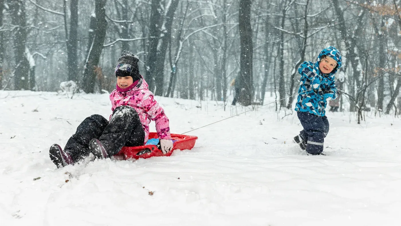 Barn åker pulka i snön en vinterdag