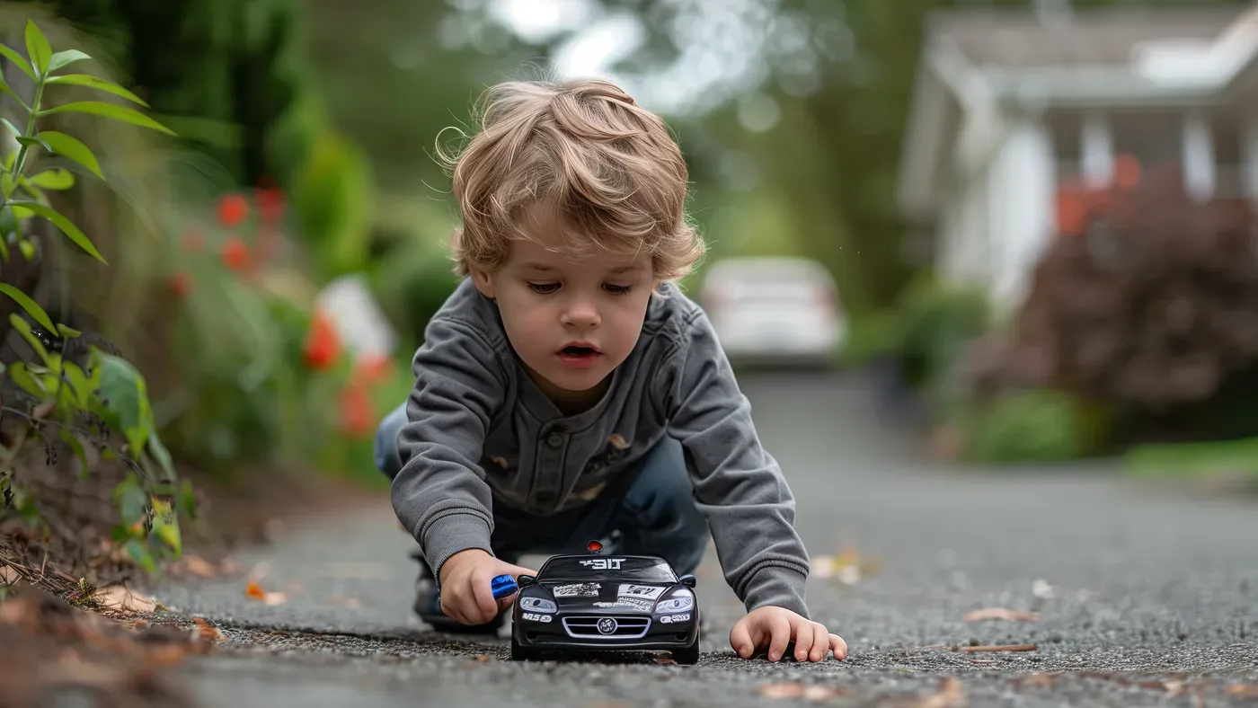Barn med radiostyrd monstertruck utomhus